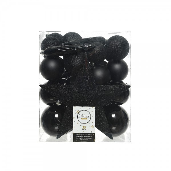 Adornos decoración árbol navidad, negro, caja 33 piezas