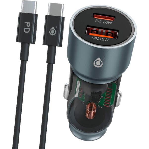 Jc na0567 gris / cargador de mechero con carga rápida usb-a (qc3.0) + type-c port